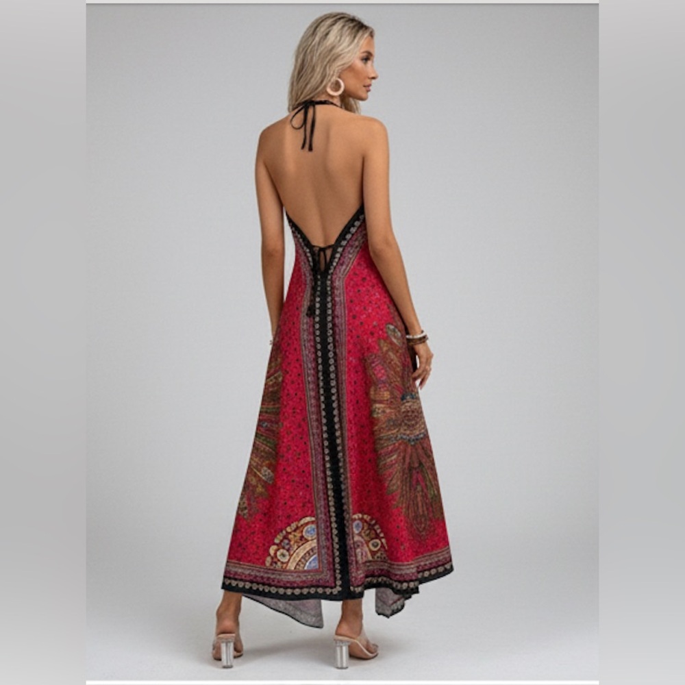 Boho Halter Neck Asymmetrical Hem Maxi Dress - Picture 5 of 8